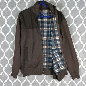 Izod Cardigan Sweater Men Size Medium Brown Full Zip Fleece Lined Preppy